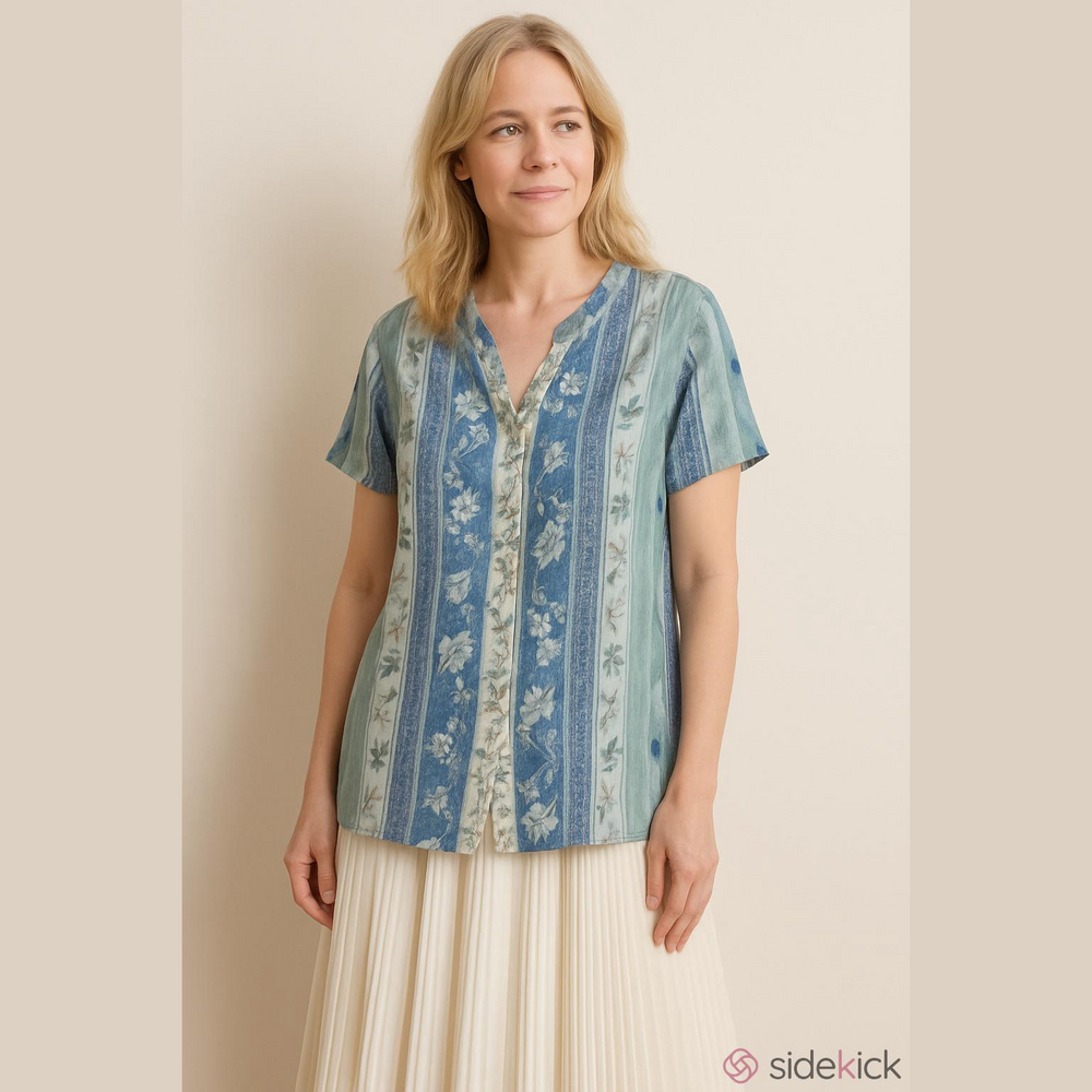 🍉Vintage Bohemian Ashley Taylor Blue Ivory 90s Y2K Floral Tunic Button Front